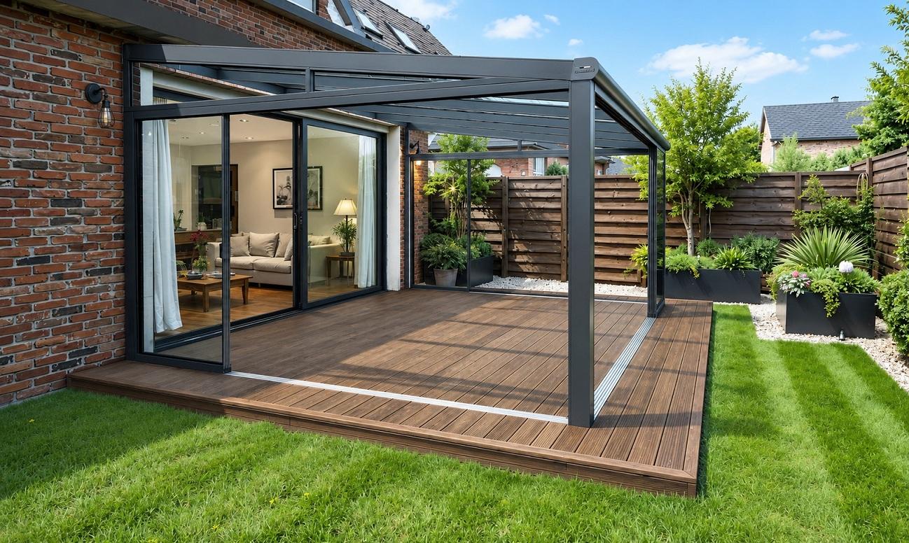 Terrasse en bambou surélevée avec salon de jardin et parasol