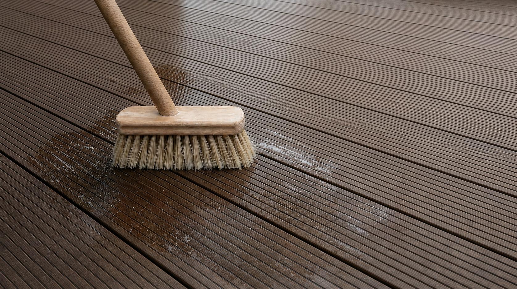 Nettoyer une terrasse en bambou avec une brosse