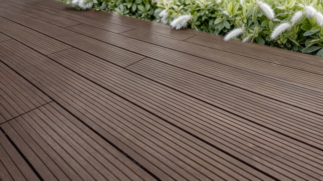 Gros plan de planches de terrasse en bambou nervurées