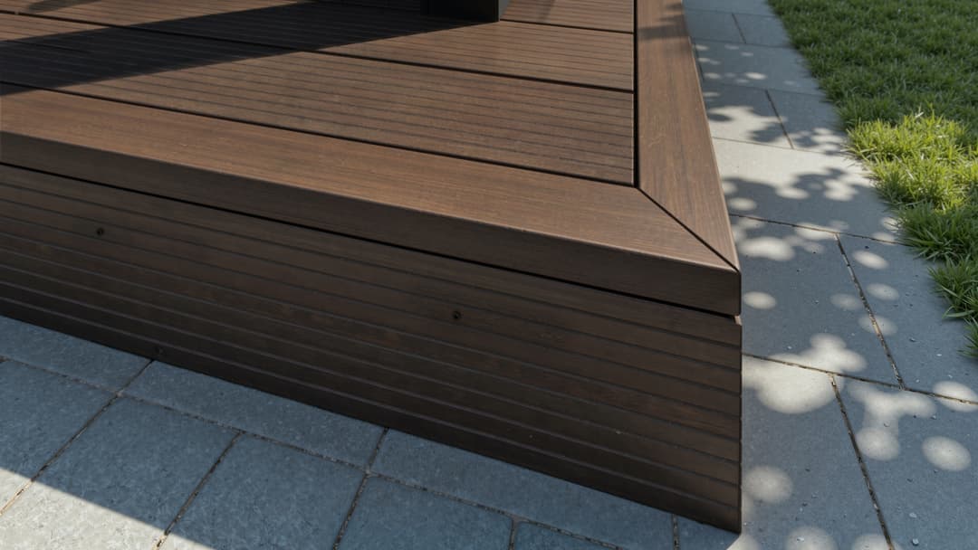 Finition d'une terrasse en bambou surélevée avec plinthe