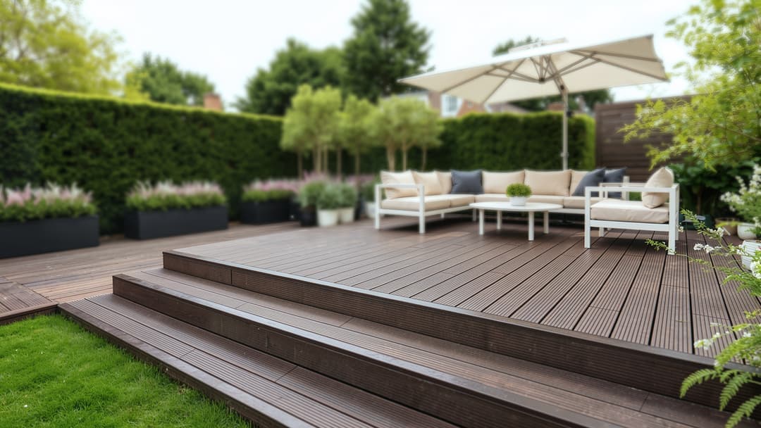 Terrasse en bambou surélevée avec ensemble lounge dans le jardin