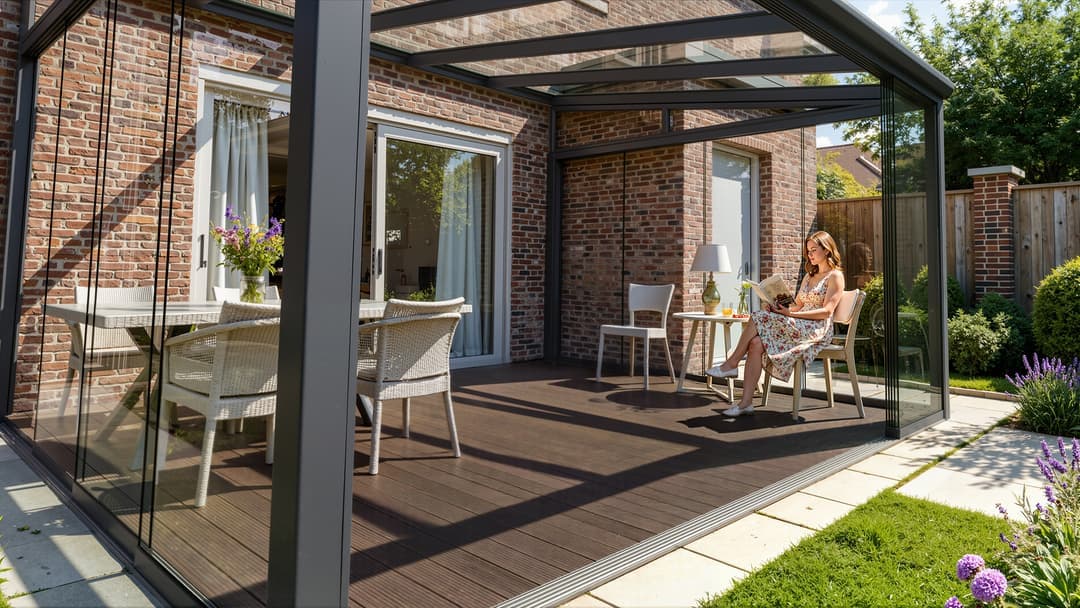 Terrasse en bambou dans la longueur sous un abri