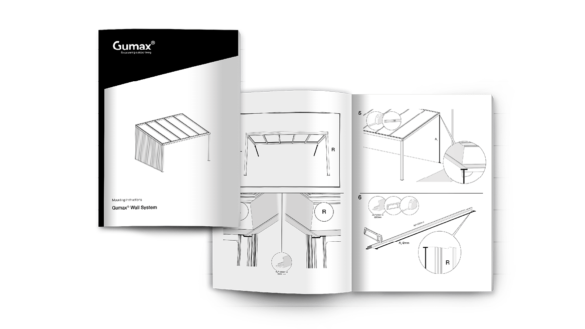 Manuel d’installation Gumax® pour le Wall System, avec illustrations techniques et instructions détaillées étape par étape.