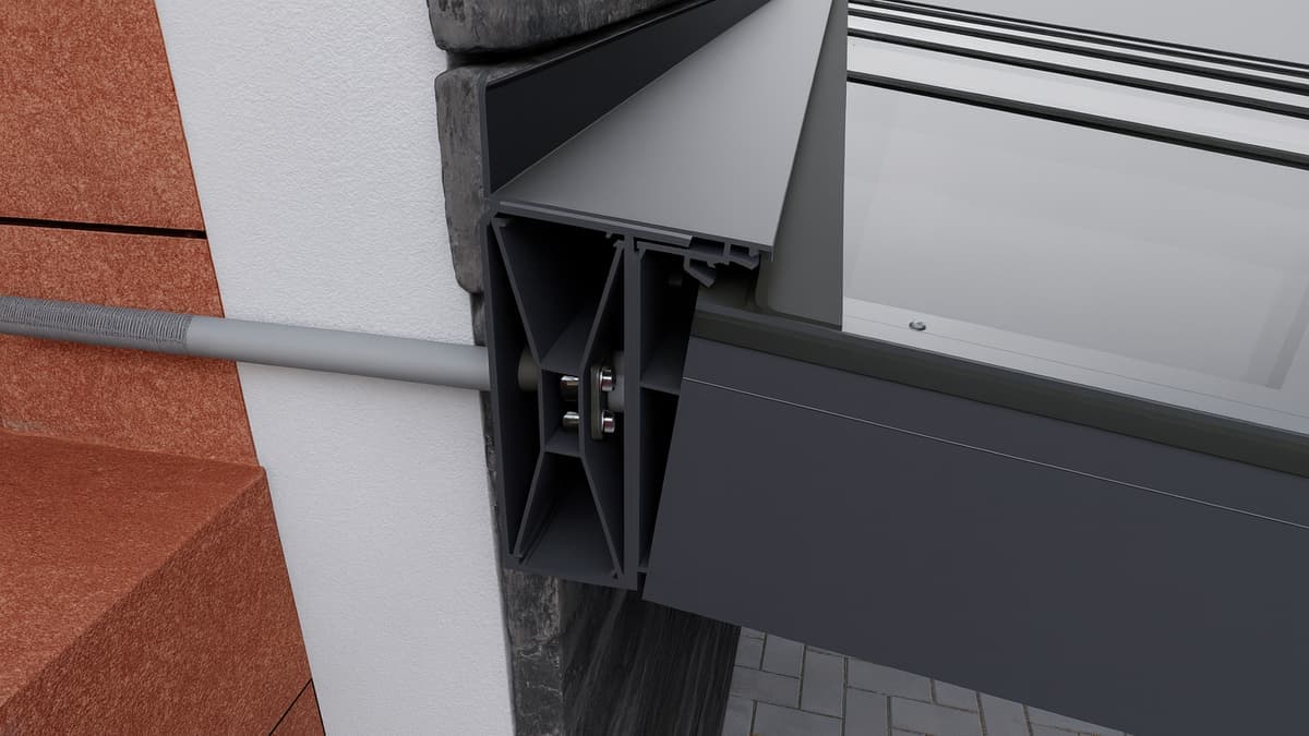 Un seul système pour plusieurs types de façades Vue détaillée du système de montage Gumax® pour façade avec isolation avec fixation murale solide derrière l’isolation.