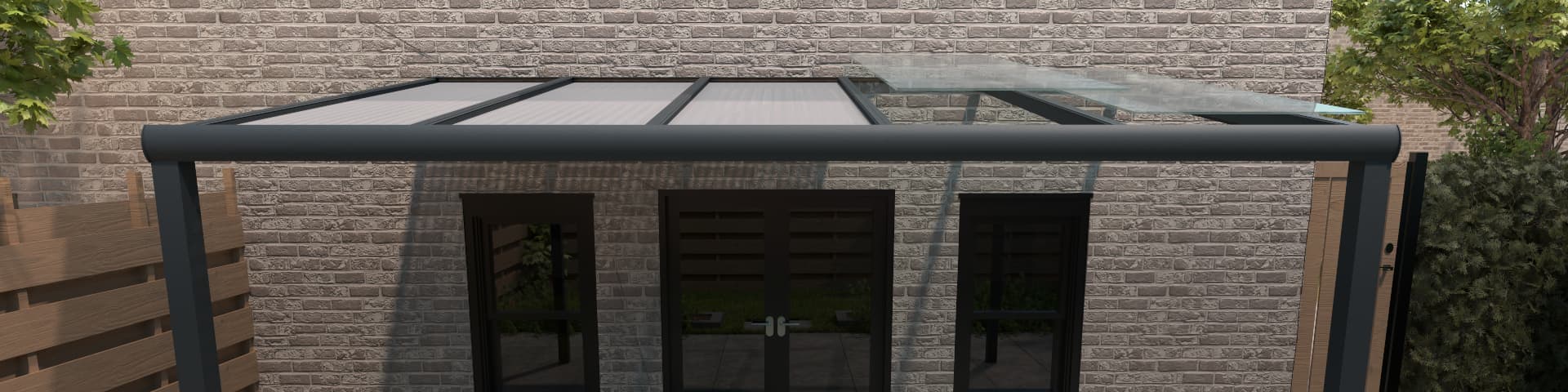 Renouvelez facilement votre toiture Véranda Gumax® moderne avec transition entre polycarbonate et panneaux de toiture en verre.