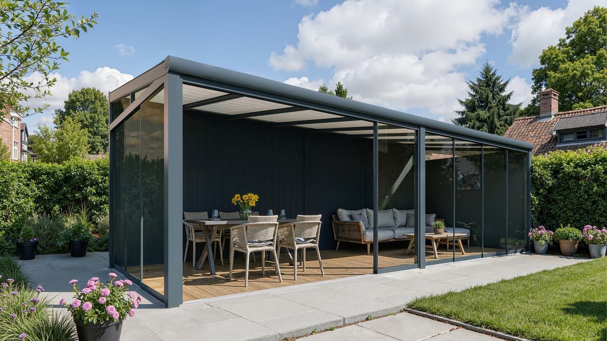 Véranda autoportante en aluminium avec parois coulissantes en verre dans un jardin moderne