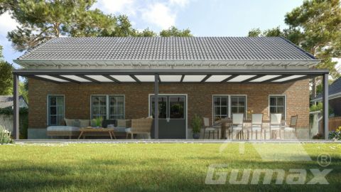 Gumax terrasoverkapping 11.06m x 2.5m modern antraciet opaal polycarbonaat voor